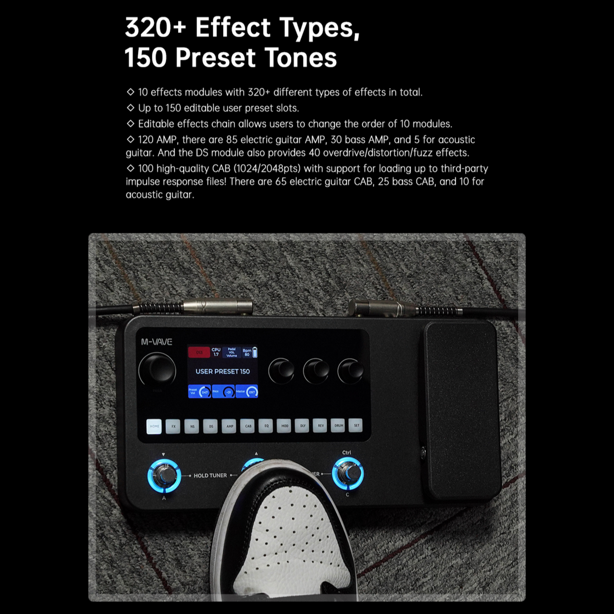 Yuimer MK20Y Portable Rechargeable 3-Switch Guitar & Bass Multi-Effects Floor Processor w/ Built-In Expression Pedal