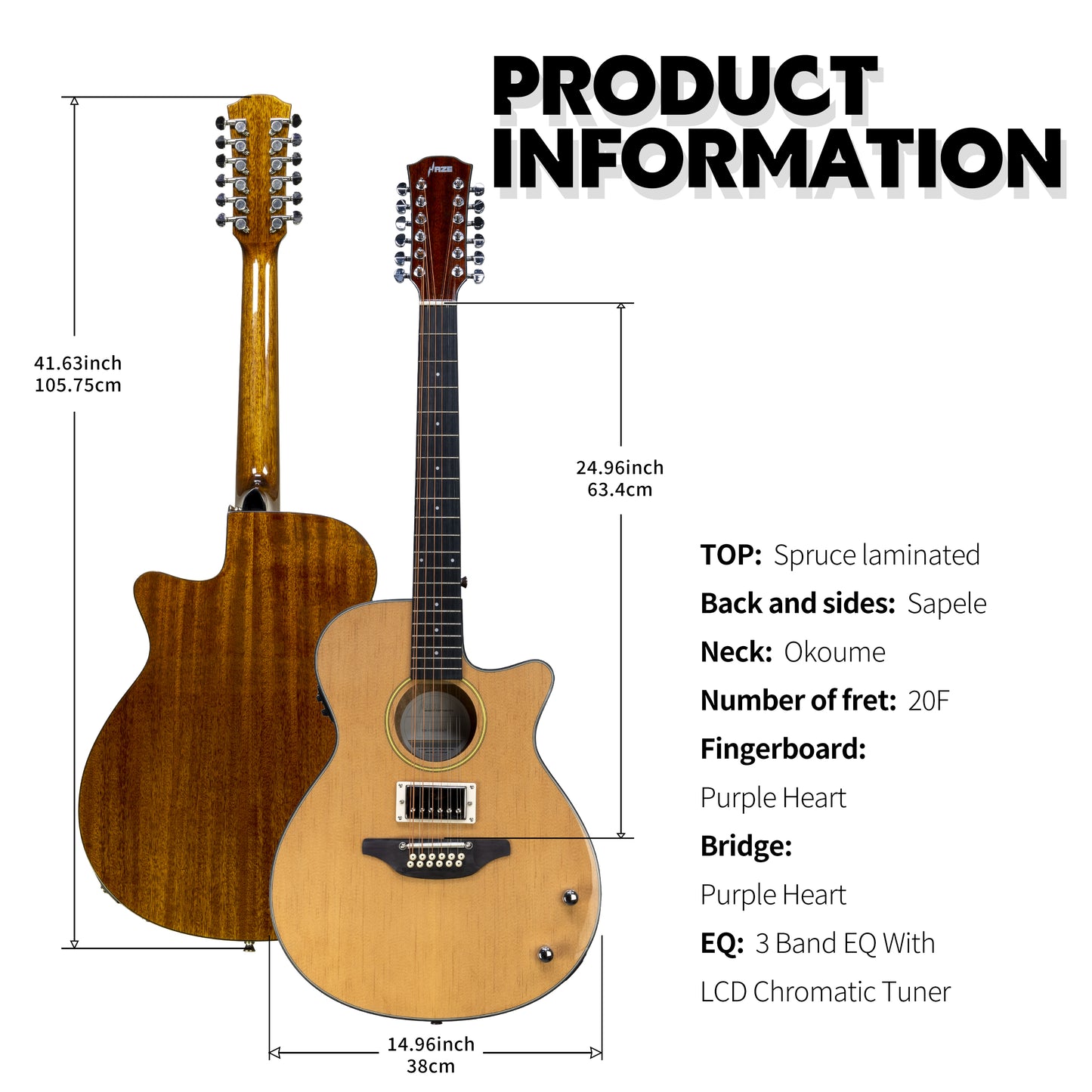 Haze 12-String Humbucker Saddle Height Adjustable Acoustic Guitar - Natural SDG82812CHEQN