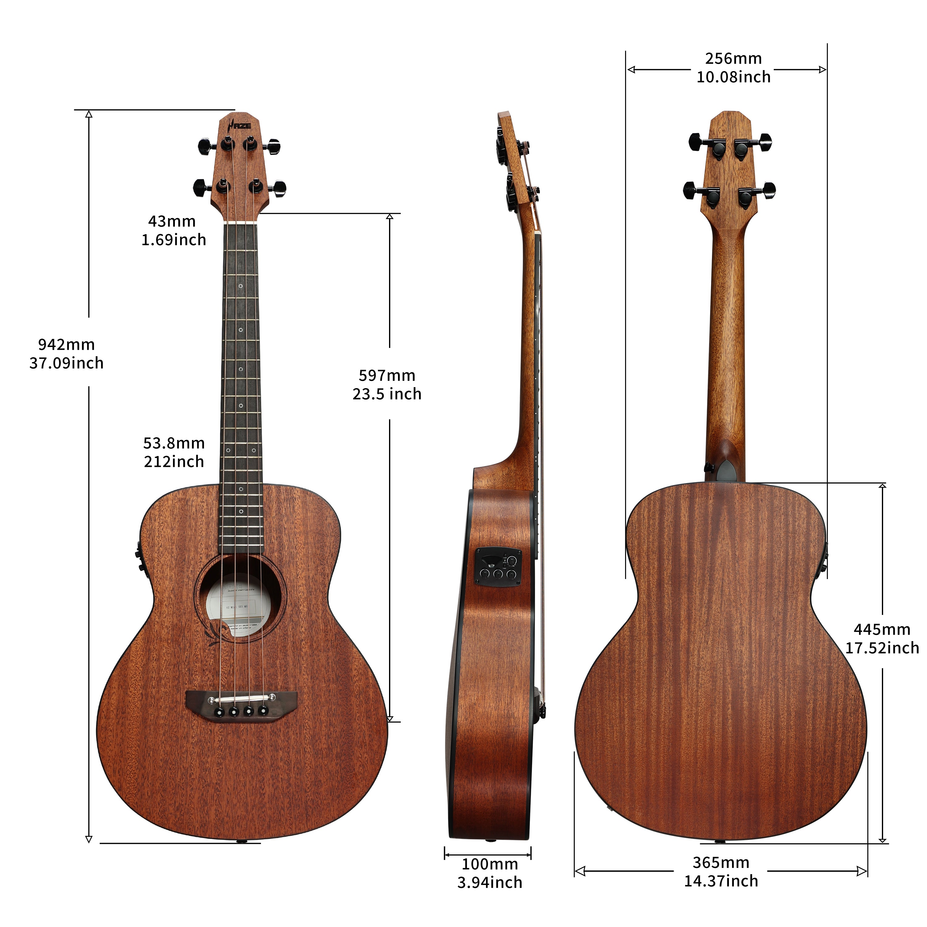 Haze 37" Solid Mahogany Top Height Adjustable Saddle Acoustic Bass Guitar - Natural HZMINISEBMH