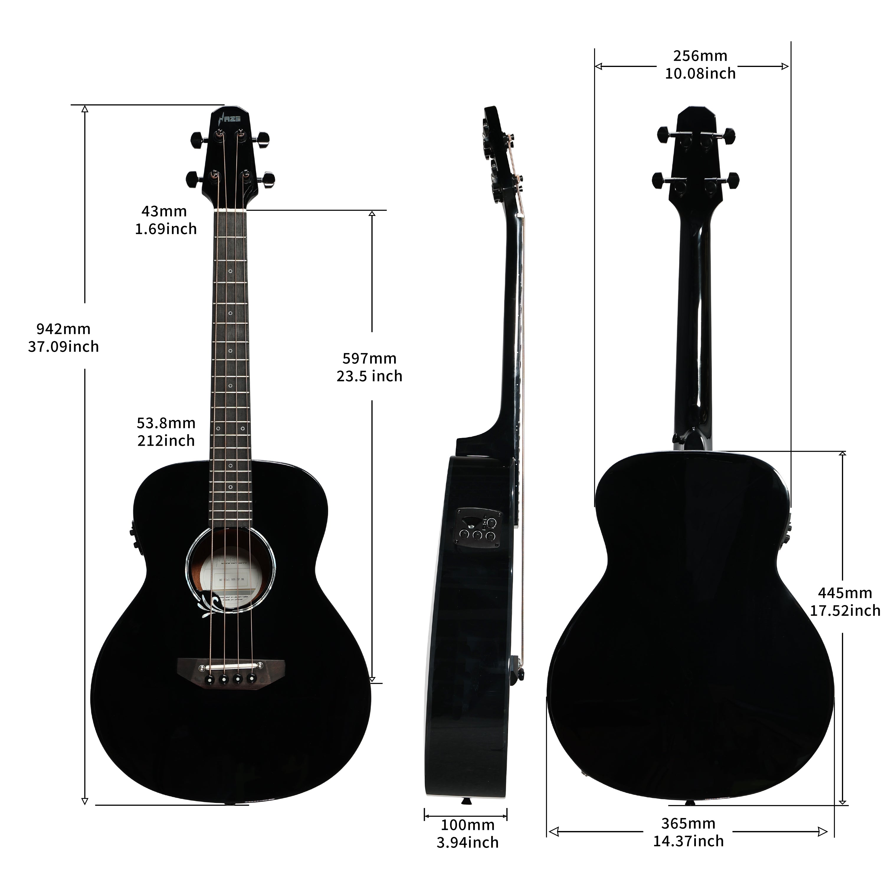 Haze 37" Solid Sitka Top Height Adjustable Saddle Acoustic Bass Guitar - Black HZMINISEBSPBK