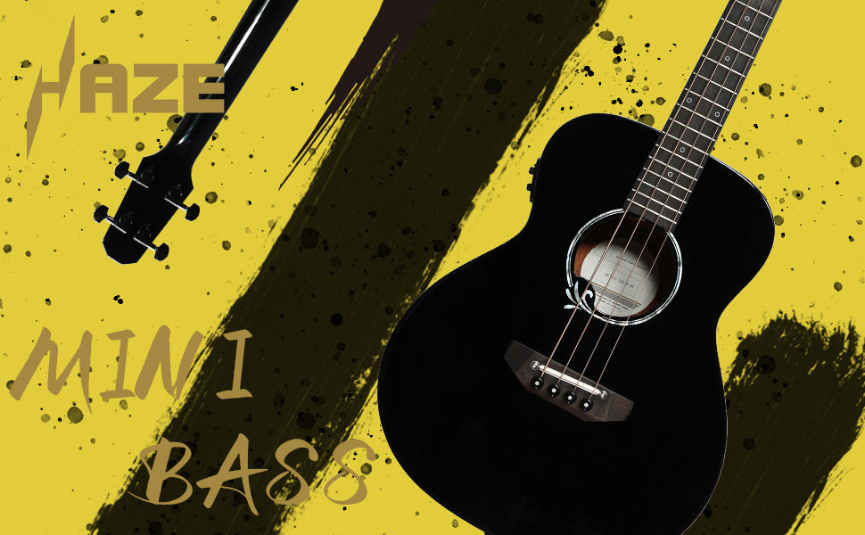 Haze 37" Solid Sitka Top Height Adjustable Saddle Acoustic Bass Guitar - Black HZMINISEBSPBK
