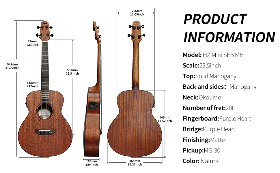 Haze 37" Solid Mahogany Top Height Adjustable Saddle Acoustic Bass Guitar - Natural HZMINISEBMH