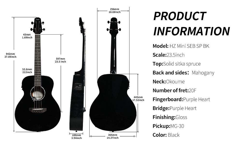 Haze 37" Solid Sitka Top Height Adjustable Saddle Acoustic Bass Guitar - Black HZMINISEBSPBK