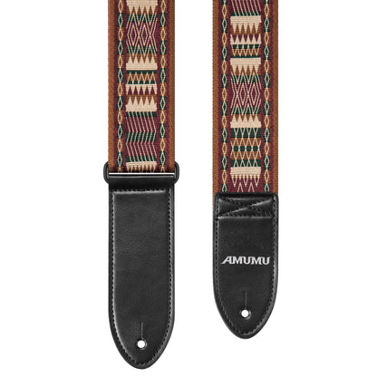 Amumu Guitar Strap Brown Diamond Grill Retro Chevron Polyester Woven for Acoustic Electric Bass Guitars with Genuine Leather Ends - CO32J