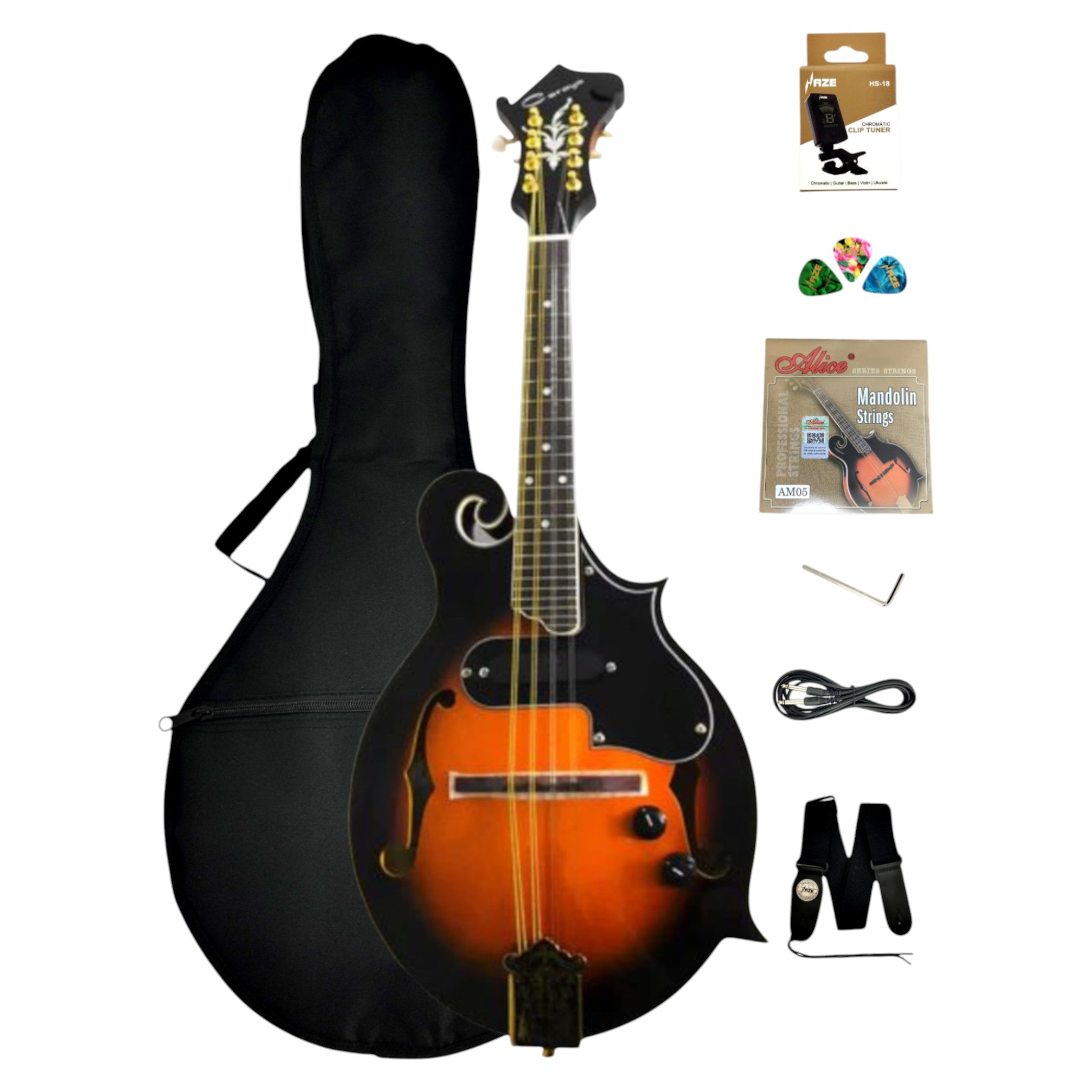 Caraya Solid Spruce Top F-Style Acoustic-Electric Mandolin in Sunburst w/ Accessories & Lockable Hardcase (Optional) - SMA008EQVS