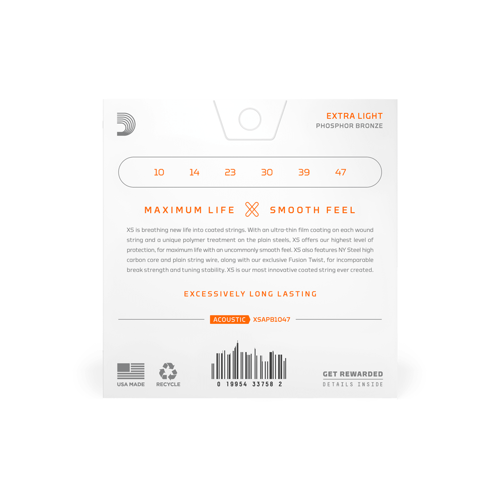 D’Addario 10-47 XS Phosphor Bronze Coated Acoustic Guitar Strings – Extra Light (.010–.047) (XSAPB1047)
