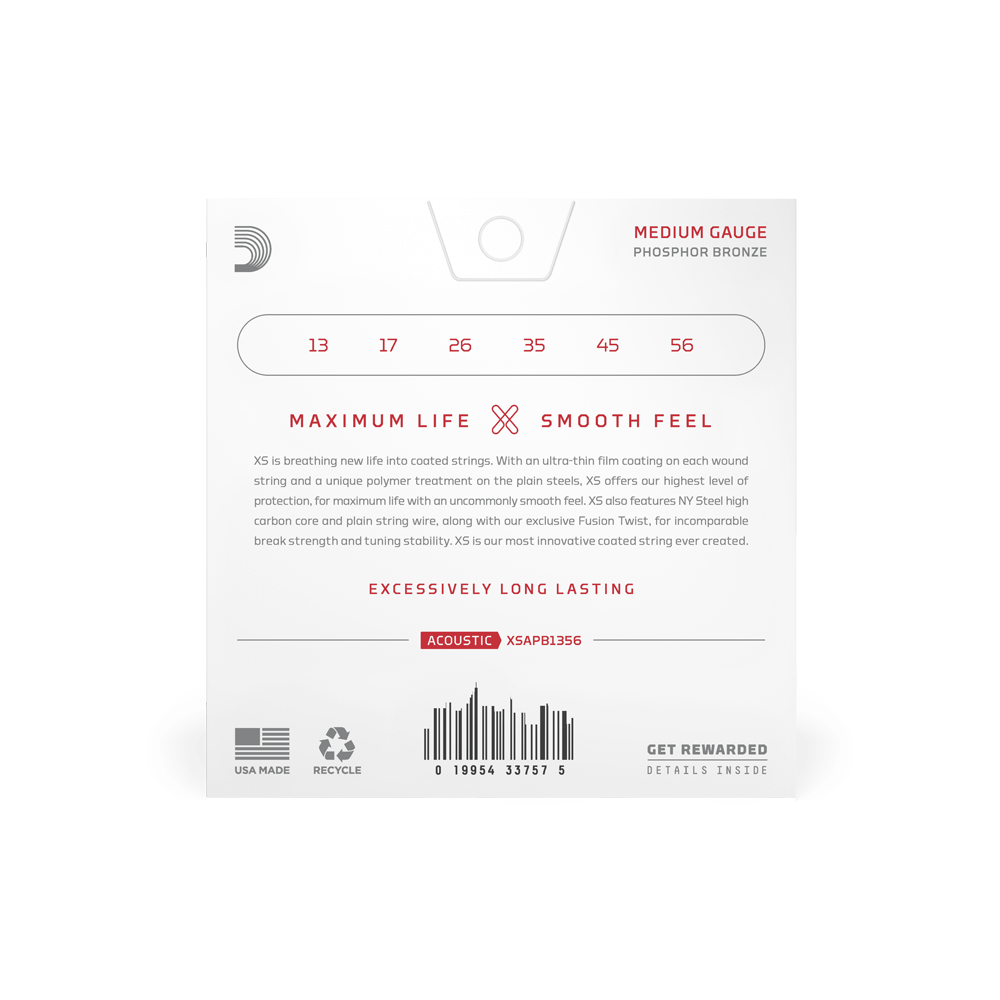 D’Addario 13-56 XS Phosphor Bronze Coated Acoustic Guitar Strings – Medium (.013–.056) (XSAPB1356)
