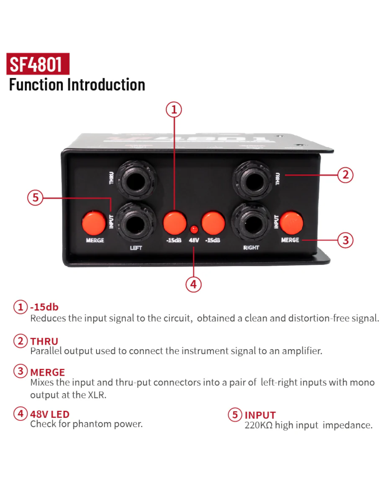 Simplefly Active Dual-Channel 48V Phantom Powered 6.35mm to XLR Recording Signal Direct Injection DI Box w/ REV180° & Ground Lift Switch - SF4801