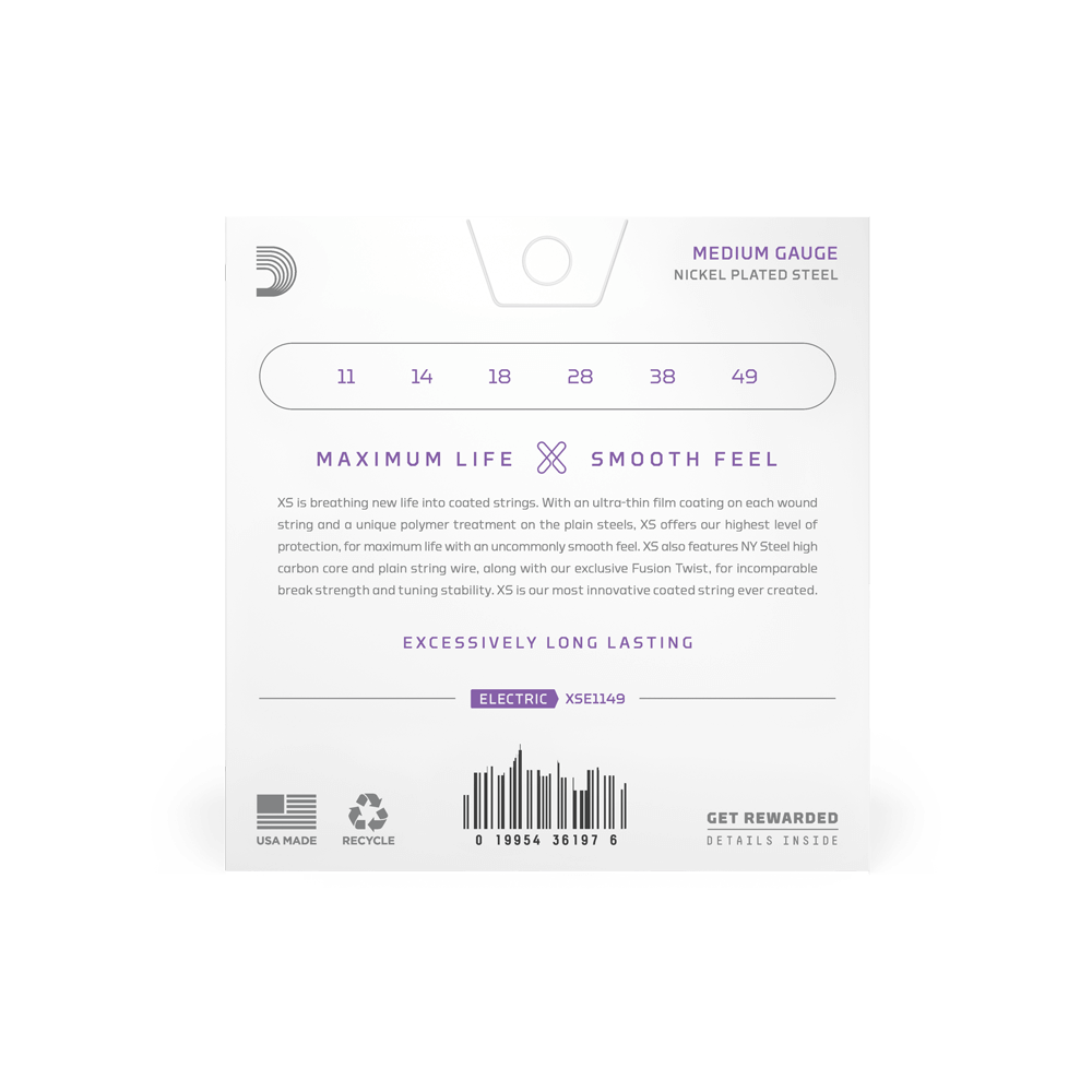 D’Addario 11-49 XS Coated Nickel Electric Guitar Strings – Medium (.011–.049) (XSE1149)