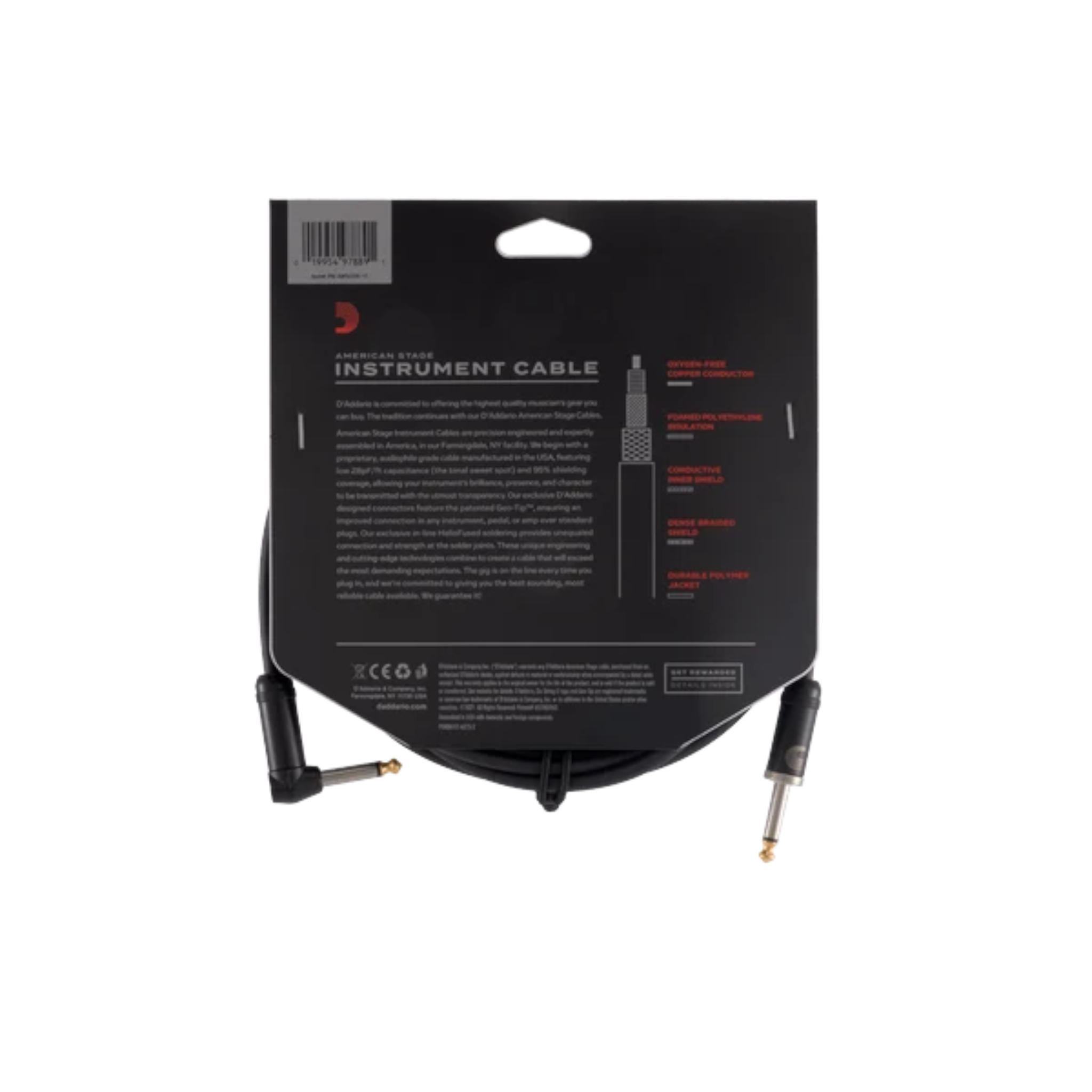 D'Addario American Stage 1/4" Jack Instrument Cable - Right Angle-Straight
