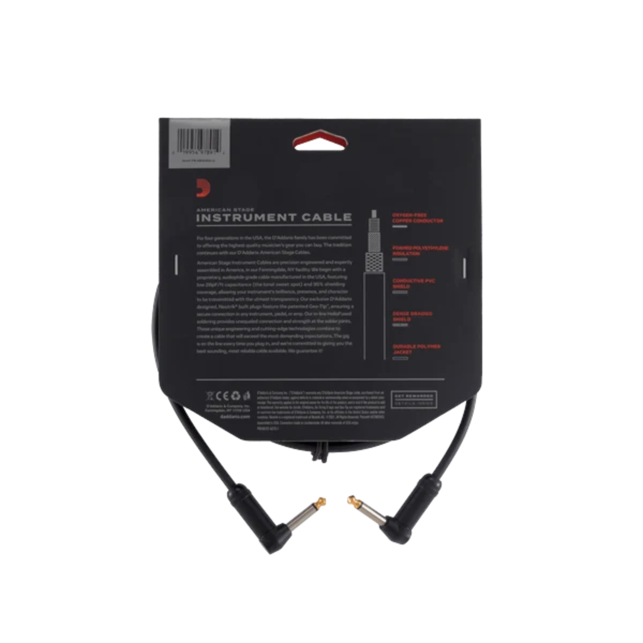D'Addario American Stage 1/4" Jack Instrument Cable - Right-Angle-Right-Angle
