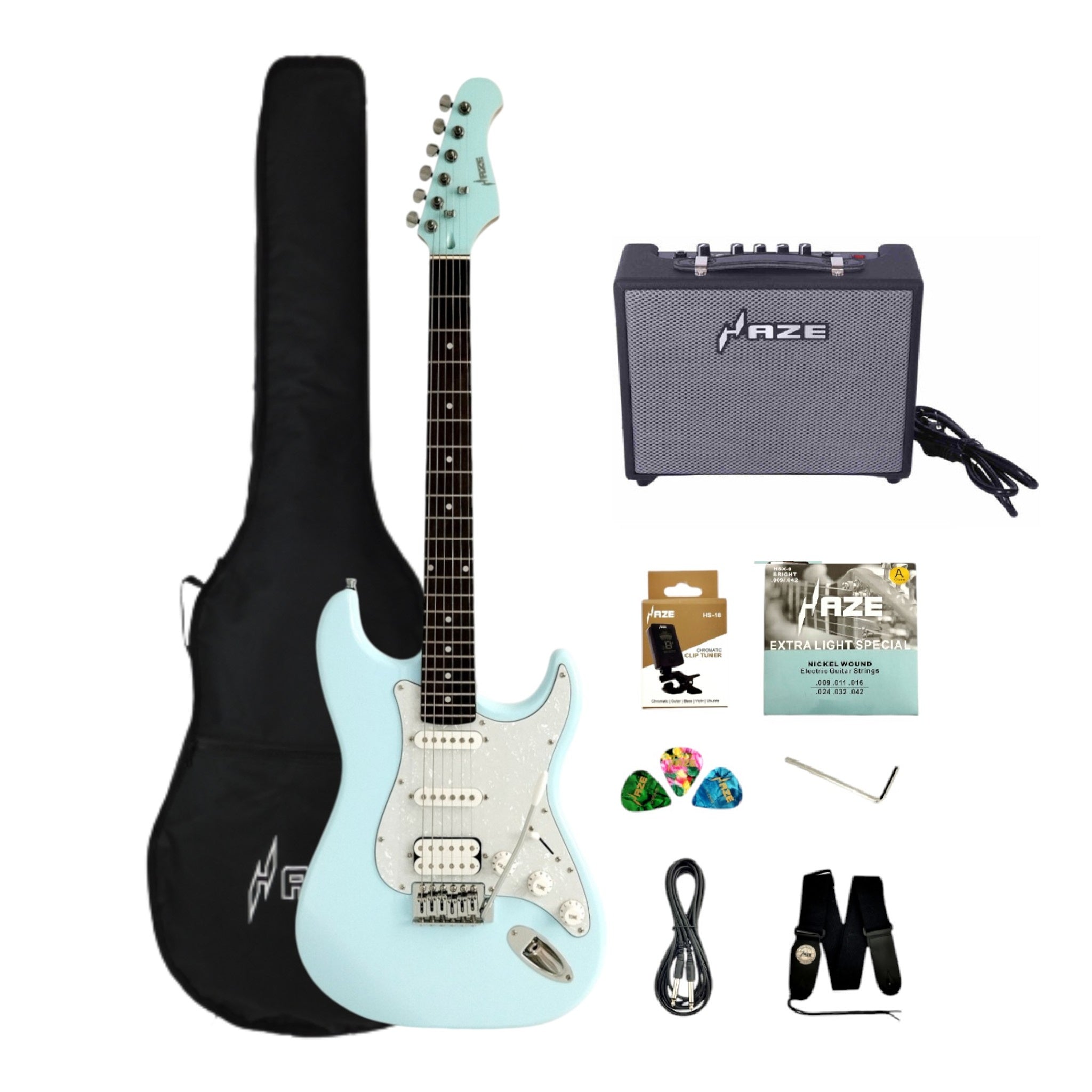 Haze E211 Sonic Blue HST Electric Guitar with Accessories + 10W Amp (Optional)