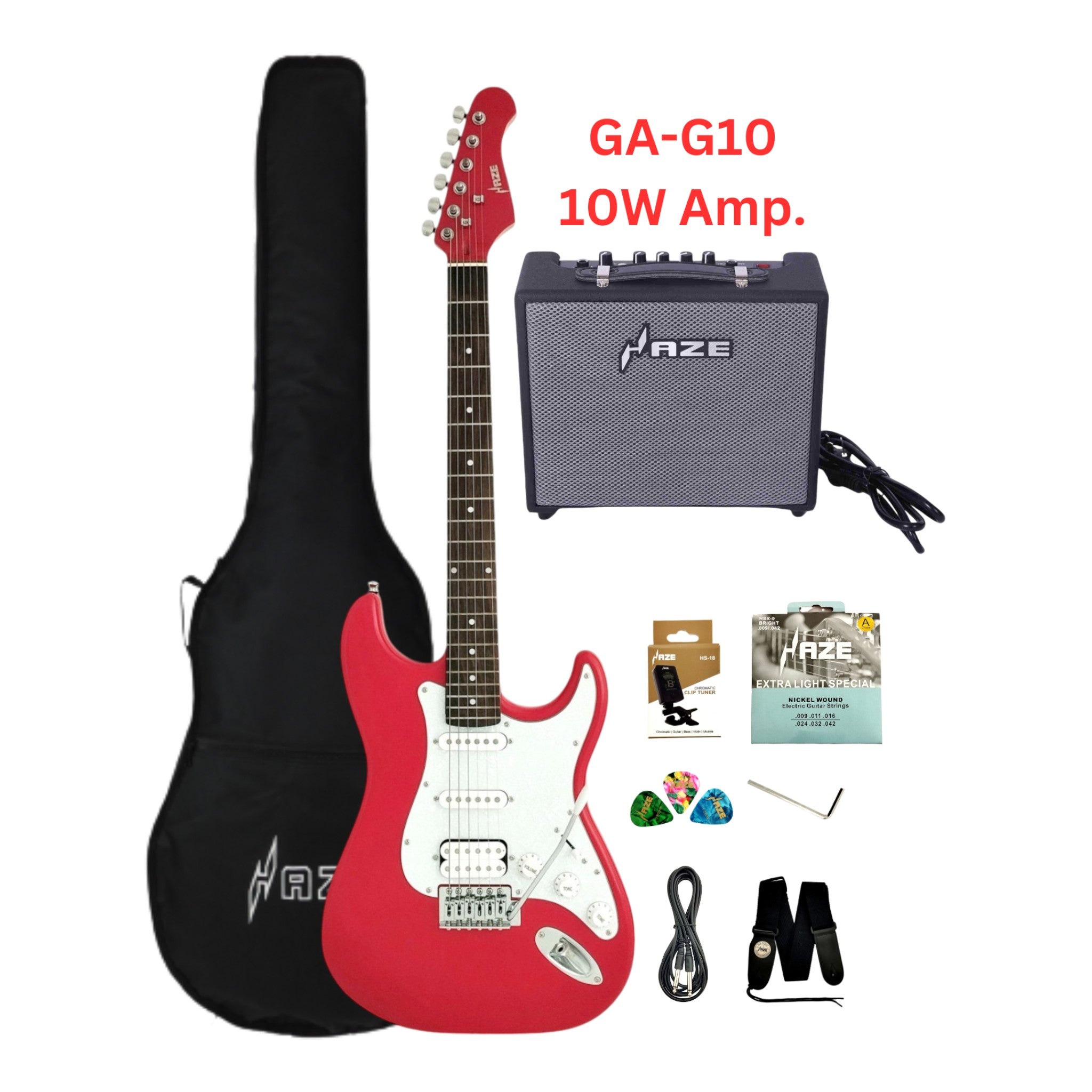 Haze E211 Fiesta Red HST Electric Guitar with Accessories + 10W Amp. (Optional)