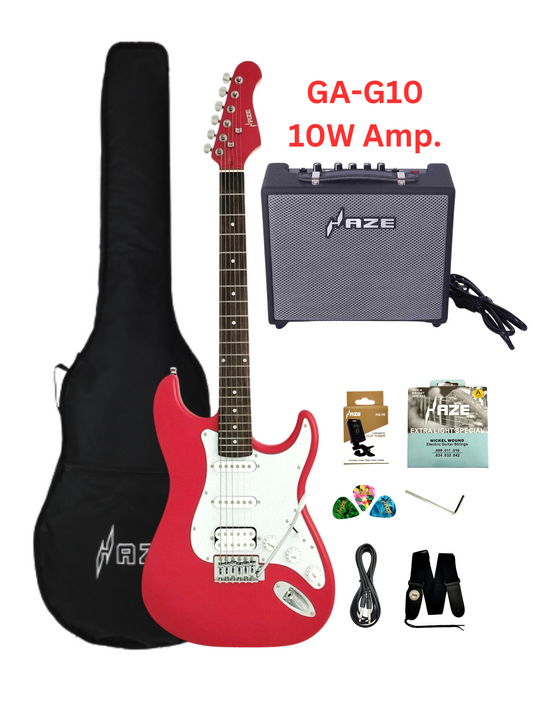 Haze E211 Fiesta Red HST Electric Guitar with Accessories + 10W Amp. (Optional)