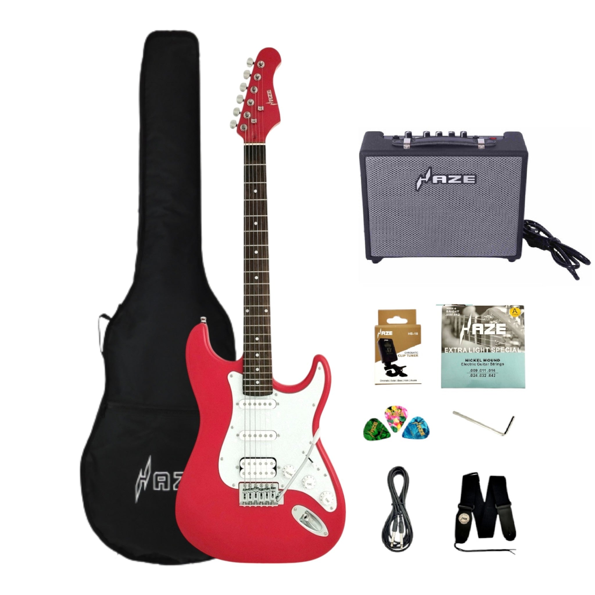 Haze E211 Fiesta Red HST Electric Guitar with Accessories + 10W Amp. (Optional)