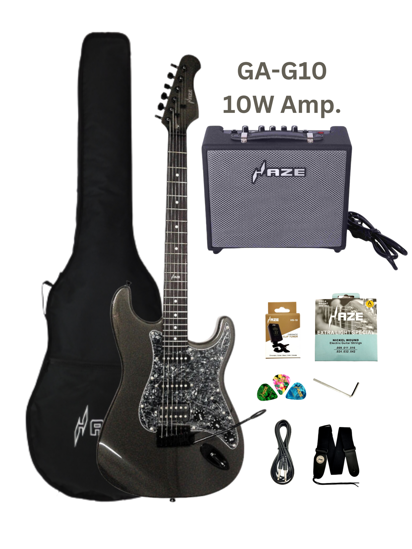 Haze Gun Metal Grey SSH Tremolo HST Electric Guitar - Gun Metal Grey E211MBK  with Accessories + 10W Amp. (Optional)