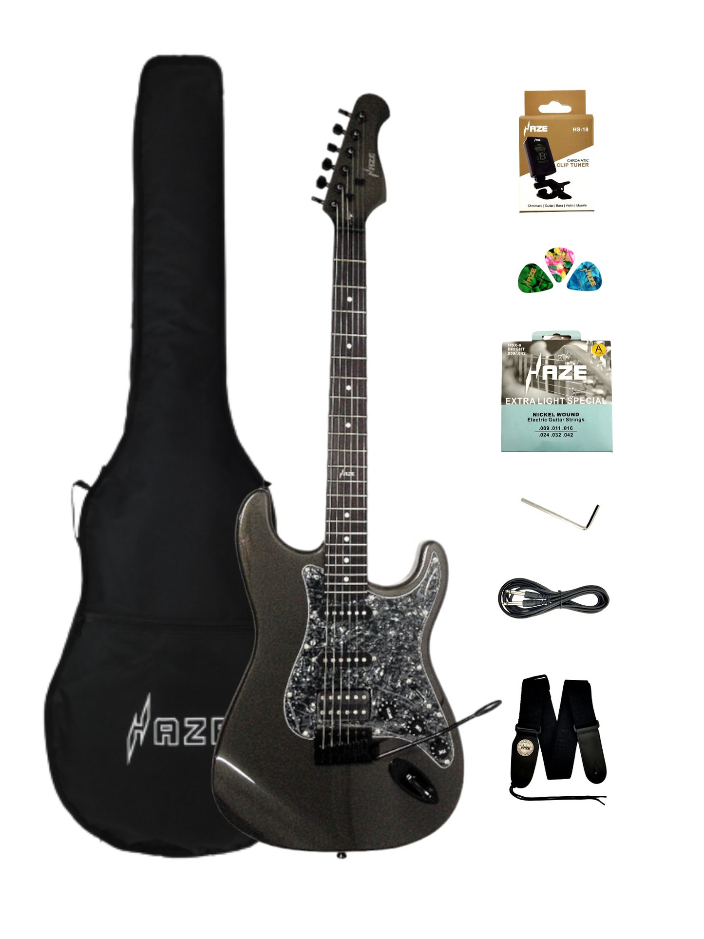 Haze Gun Metal Grey SSH Tremolo HST Electric Guitar - Gun Metal Grey E211MBK  with Accessories + 10W Amp. (Optional)