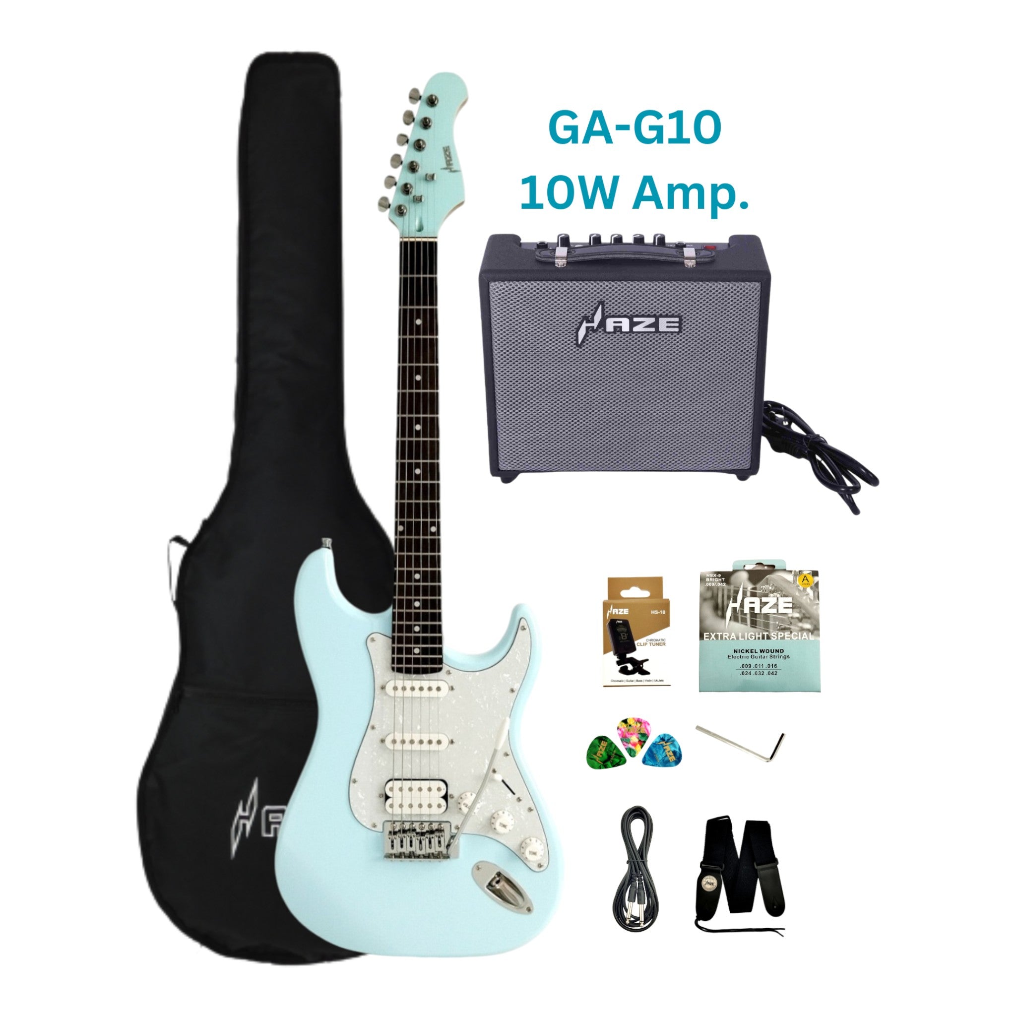 Haze E211 Sonic Blue HST Electric Guitar with Accessories + 10W Amp (Optional)
