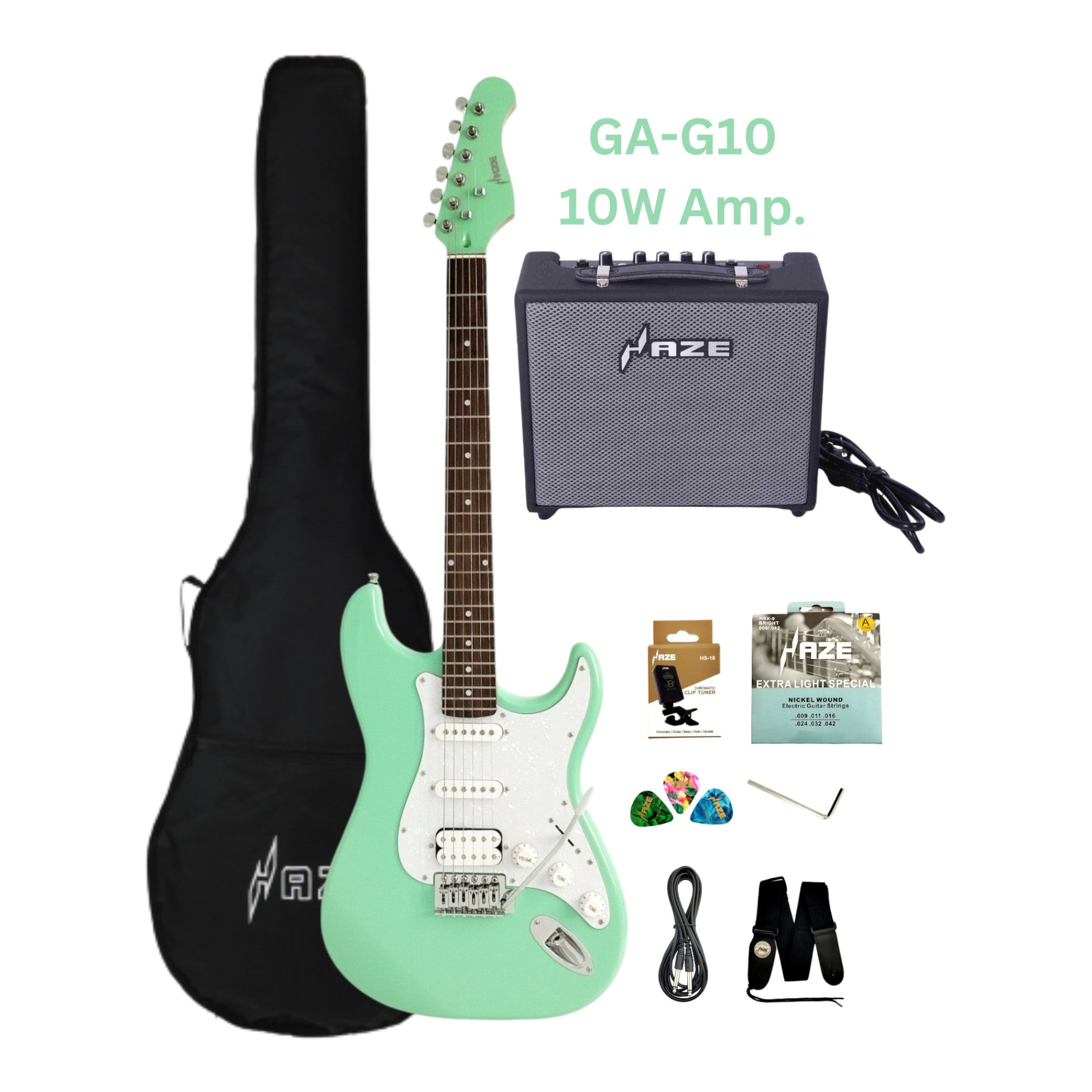 Haze E211 Surf Green HST Electric Guitar with Accessories + 10W Amp. (Optional)