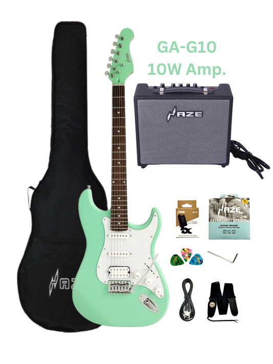 Haze E211 Surf Green HST Electric Guitar with Accessories + 10W Amp. (Optional)