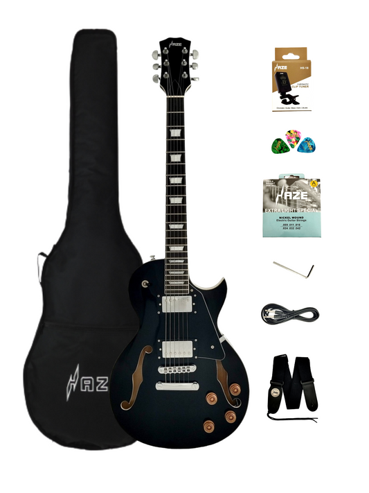 Haze E239BK Semi-Hollow Body Electric Guitar, Black + Free Gig Bag, Picks, Strap