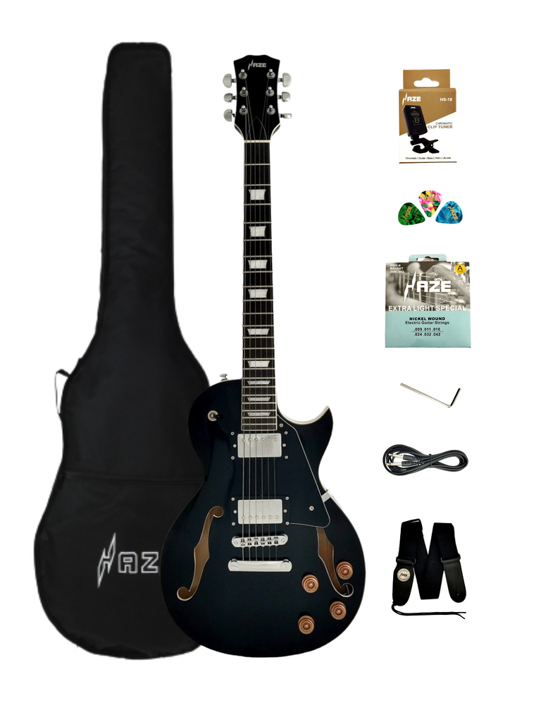 Haze E239BK Semi-Hollow Body Electric Guitar, Black + Free