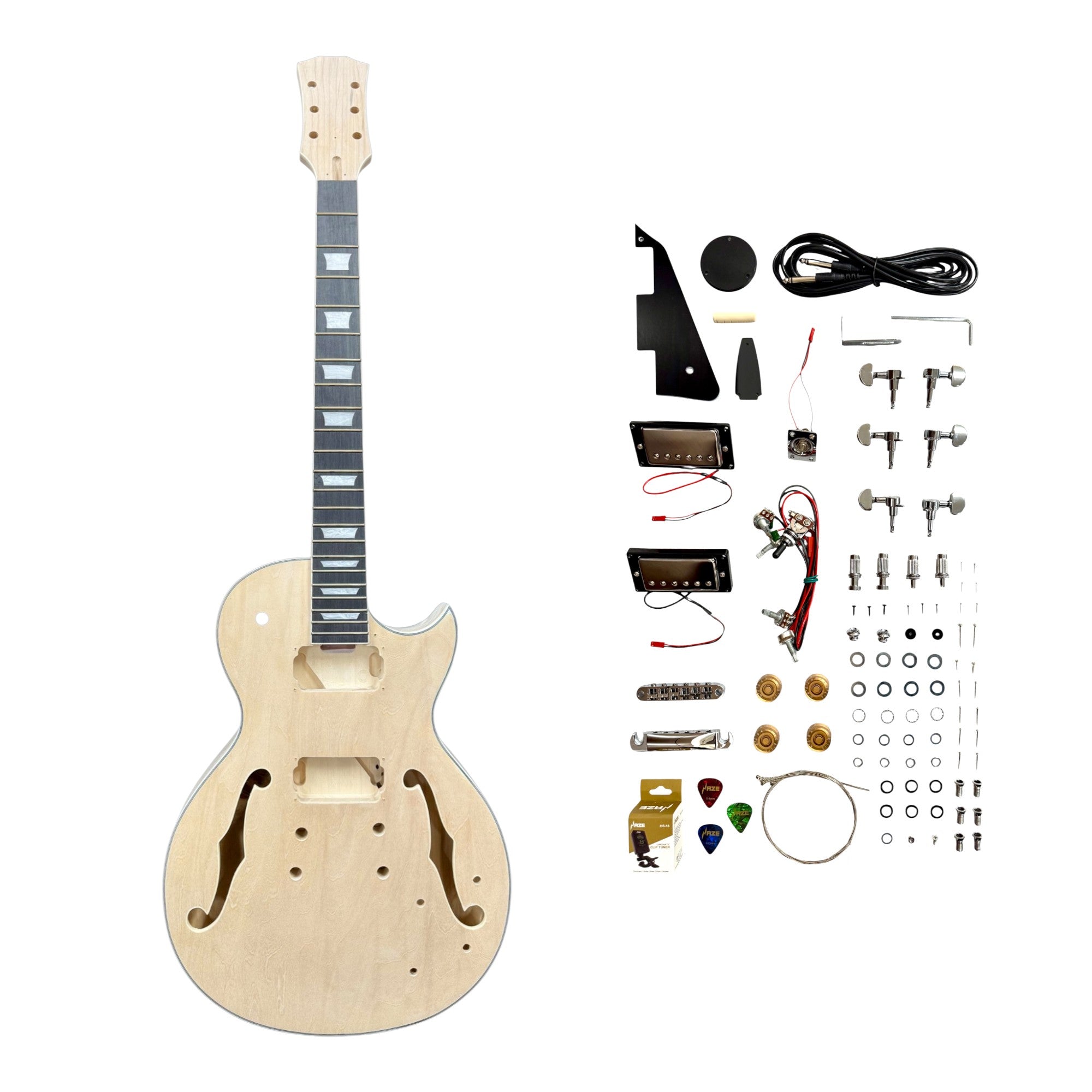 E239DIY Semi-Hollow Basswood Body Maple Set-Neck HLP H-H Electric Guitar DIY Kit - Complete No-Soldering w/ 3-Ply Ebony Trims & Chrome Hardware