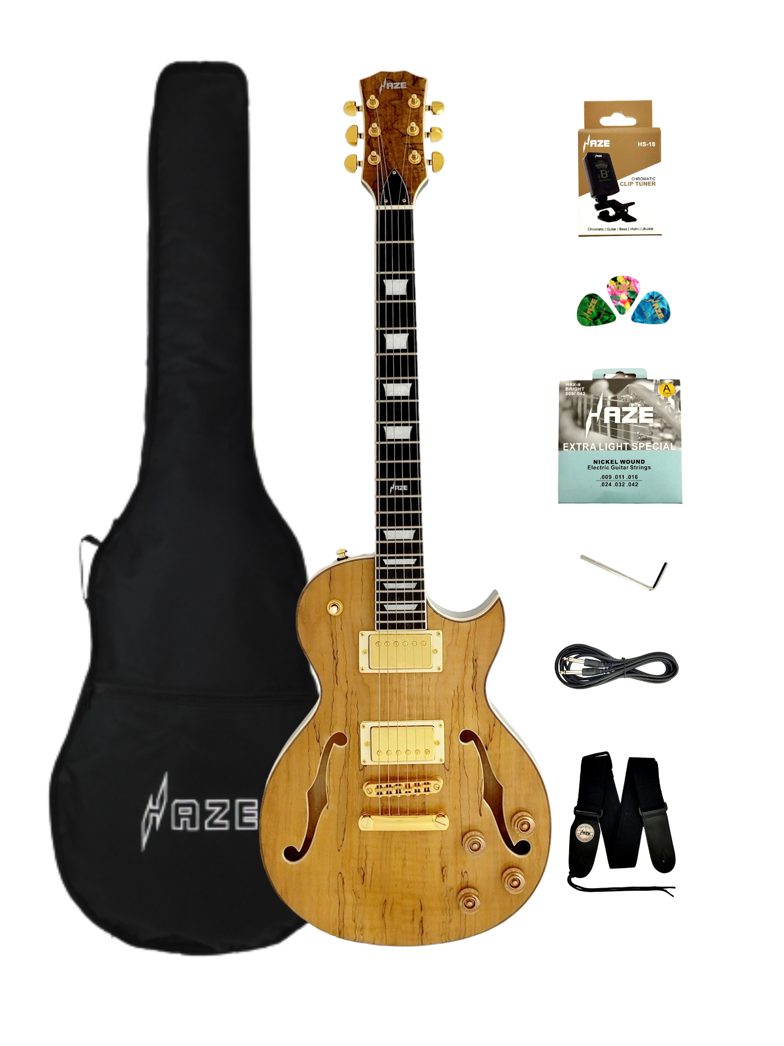 Haze E239 Spalted Maple Semi-Hollow Electric Guitar with Dual Humbuckers