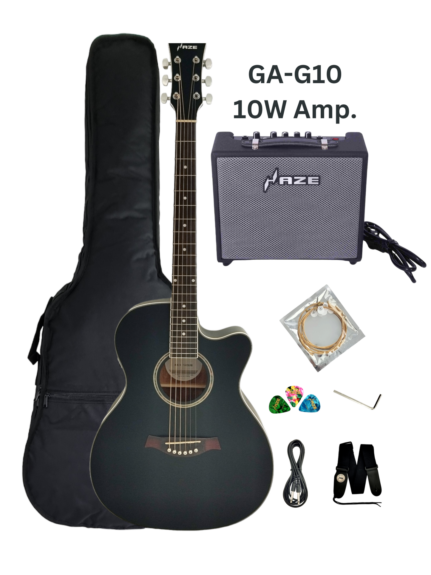 Haze F560CEQMBK Spruce Top Built-In Pickup/Tuner OM Cutaway Acoustic Guitar - Black with Accessories and 10W Amp. (Optional)