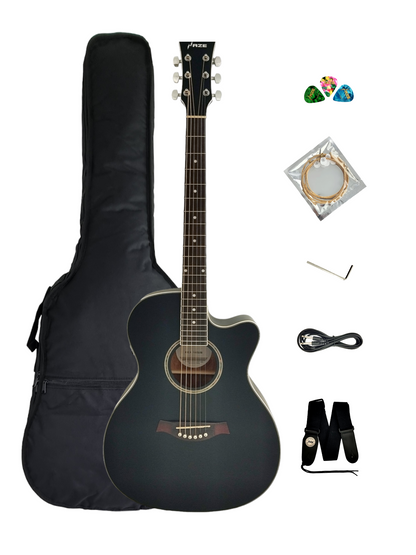 Haze F560CEQMBK Spruce Top Built-In Pickup/Tuner OM Cutaway Acoustic Guitar - Black with Accessories and 10W Amp. (Optional)