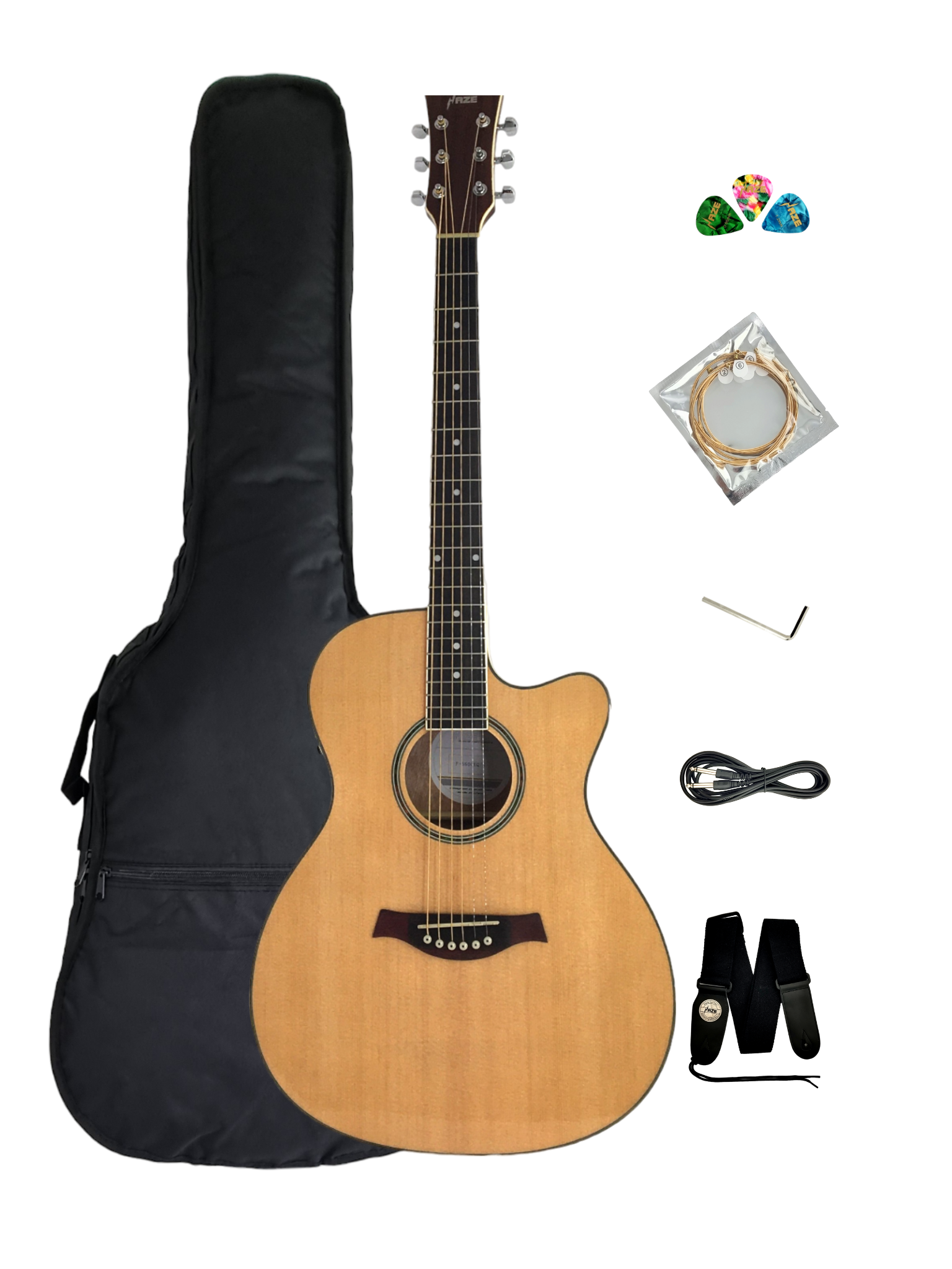 Haze F560CEQN Spruce Top Built-In Pickup/Tuner OM Cutaway Acoustic Guitar - Natural with Accessories and 10W Amp. (Optional)