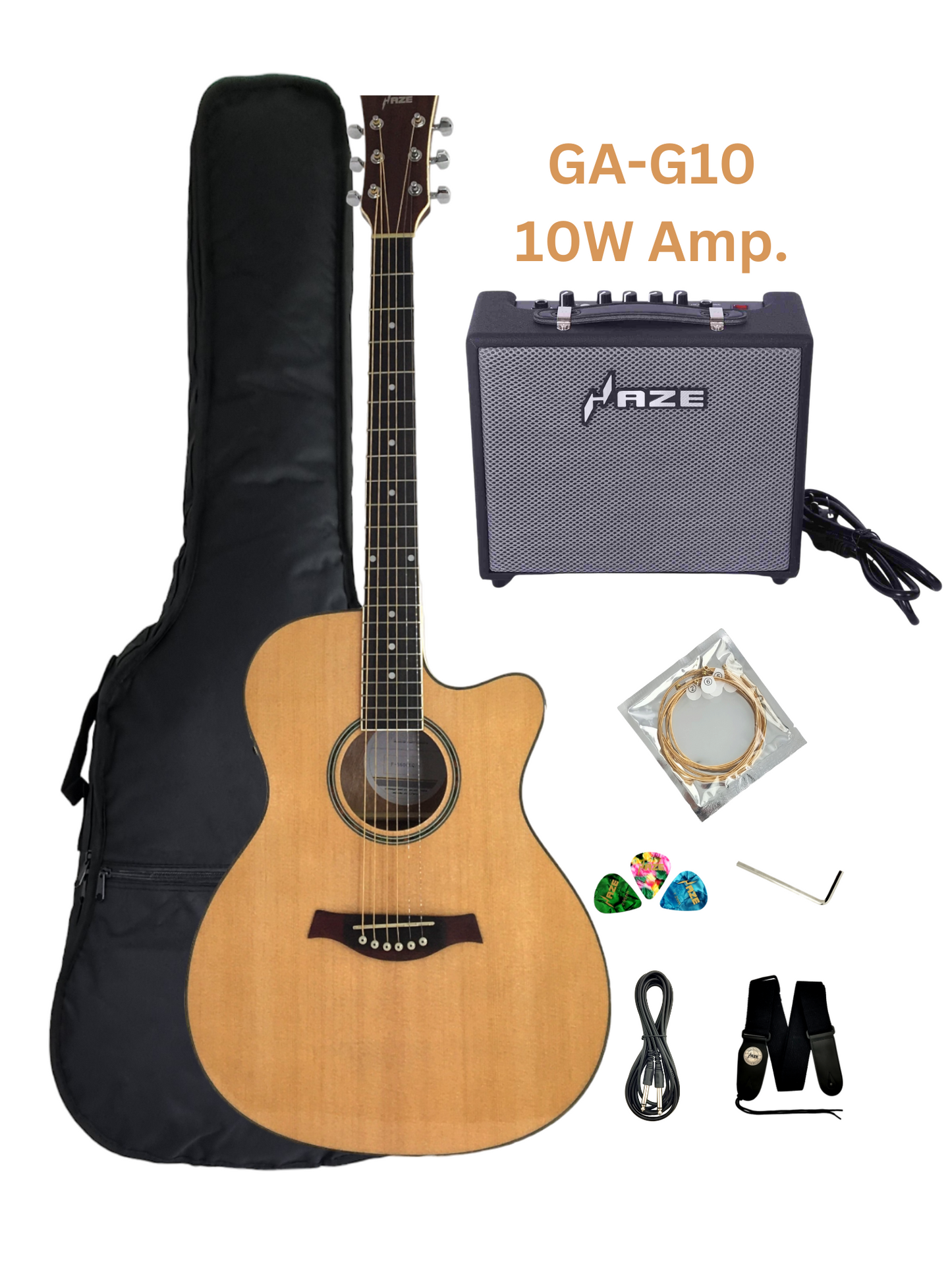 Haze F560CEQN Spruce Top Built-In Pickup/Tuner OM Cutaway Acoustic Guitar - Natural with Accessories and 10W Amp. (Optional)