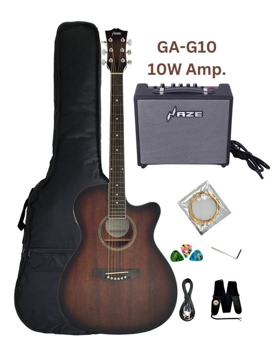 Haze F561TBCEQ Mahogany Top Built-In Pickup/Tuner OM Cutaway Acoustic Guitar - Natural with Accessories and 10W Amp. (Optional)