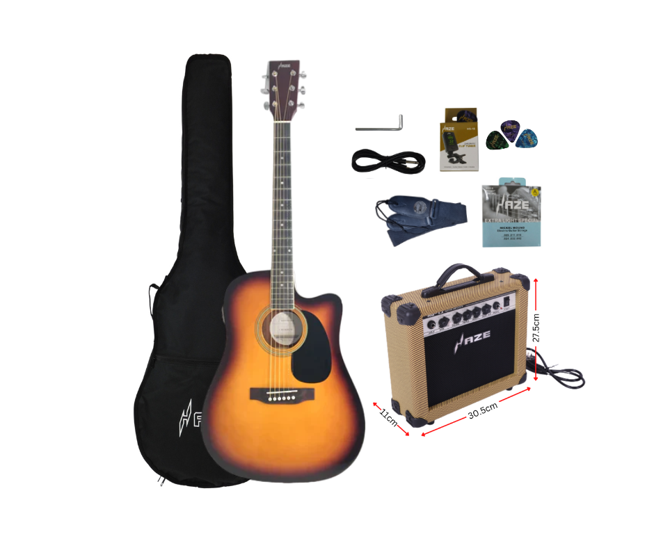 Haze F631BCEQBS Thin Body Acoustic Guitar, Sunburst, EQ, Cutaway + 15W Amplifier, Free Gig Bag, Picks