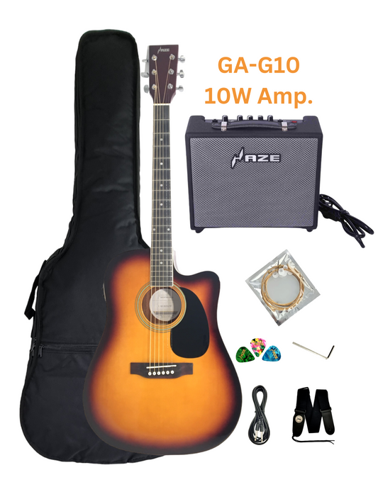 Haze F631BCEQBS Thin-Body Built-In Pickups/Tuner Acoustic Guitar - Sunburst with Accessories and 10W Amp. (Optional)