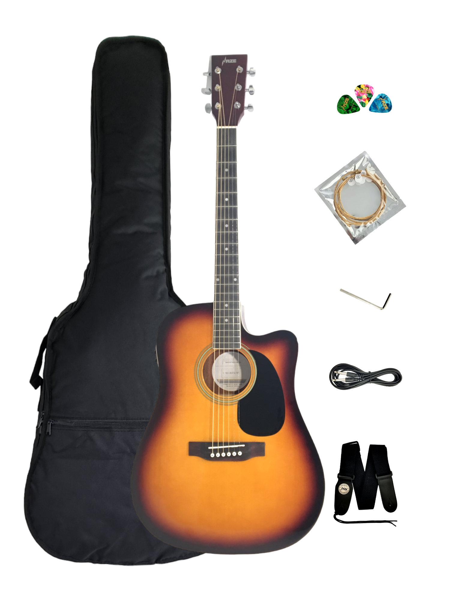 Haze F631BCEQBS Thin-Body Built-In Pickups/Tuner Acoustic Guitar - Sunburst with Accessories and 10W Amp. (Optional)