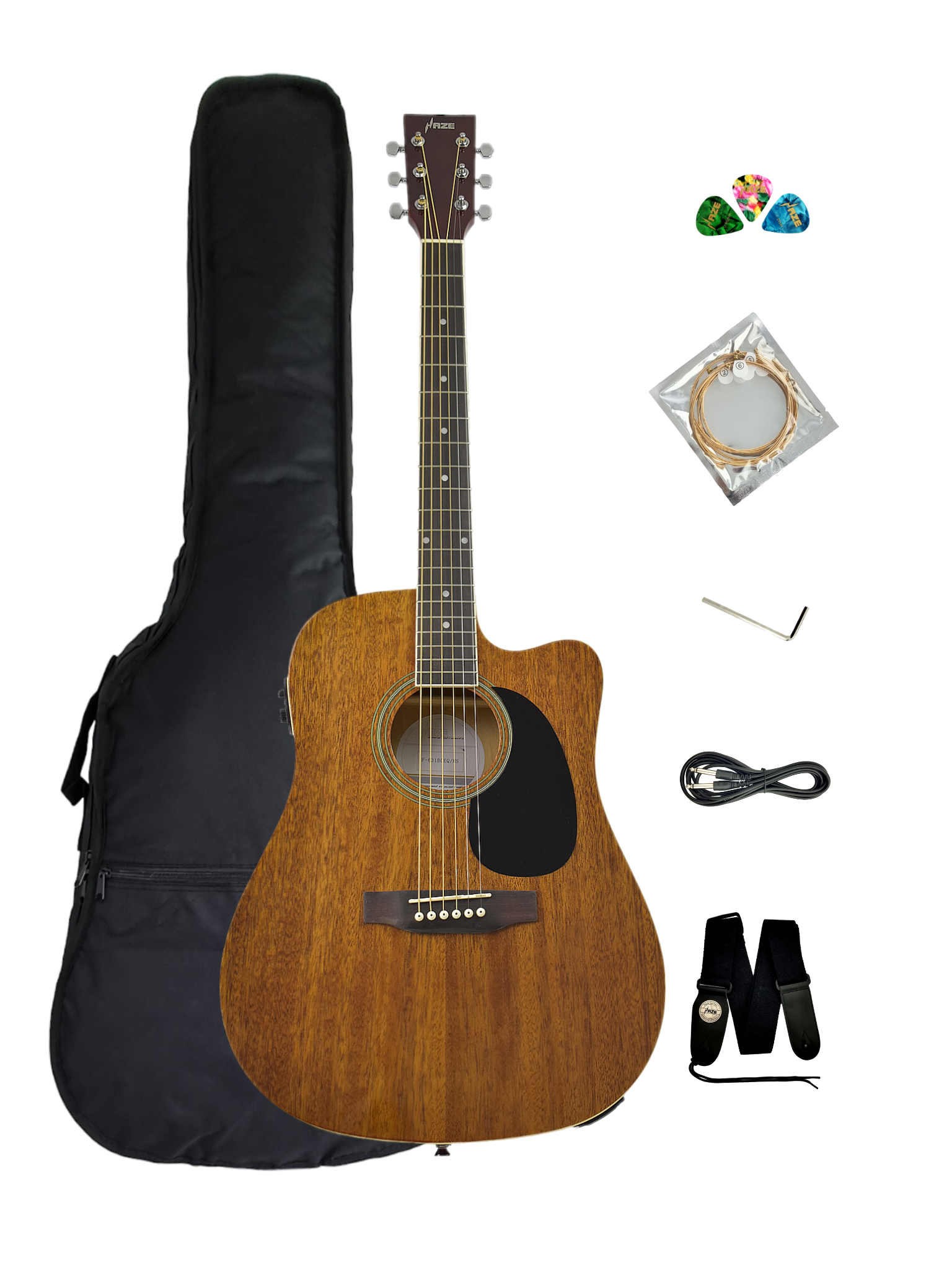 Haze F631BCEQMS Thin-Body Built-In Pickups/Tuner Acoustic Guitar - Natural with Accessories and 10W Amp. (Optional)
