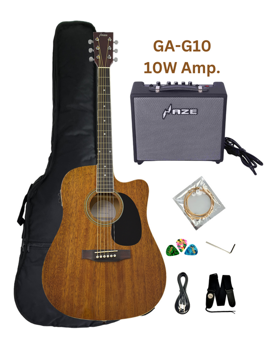 Haze F631BCEQMS Thin-Body Built-In Pickups/Tuner Acoustic Guitar - Natural with Accessories and 10W Amp. (Optional)