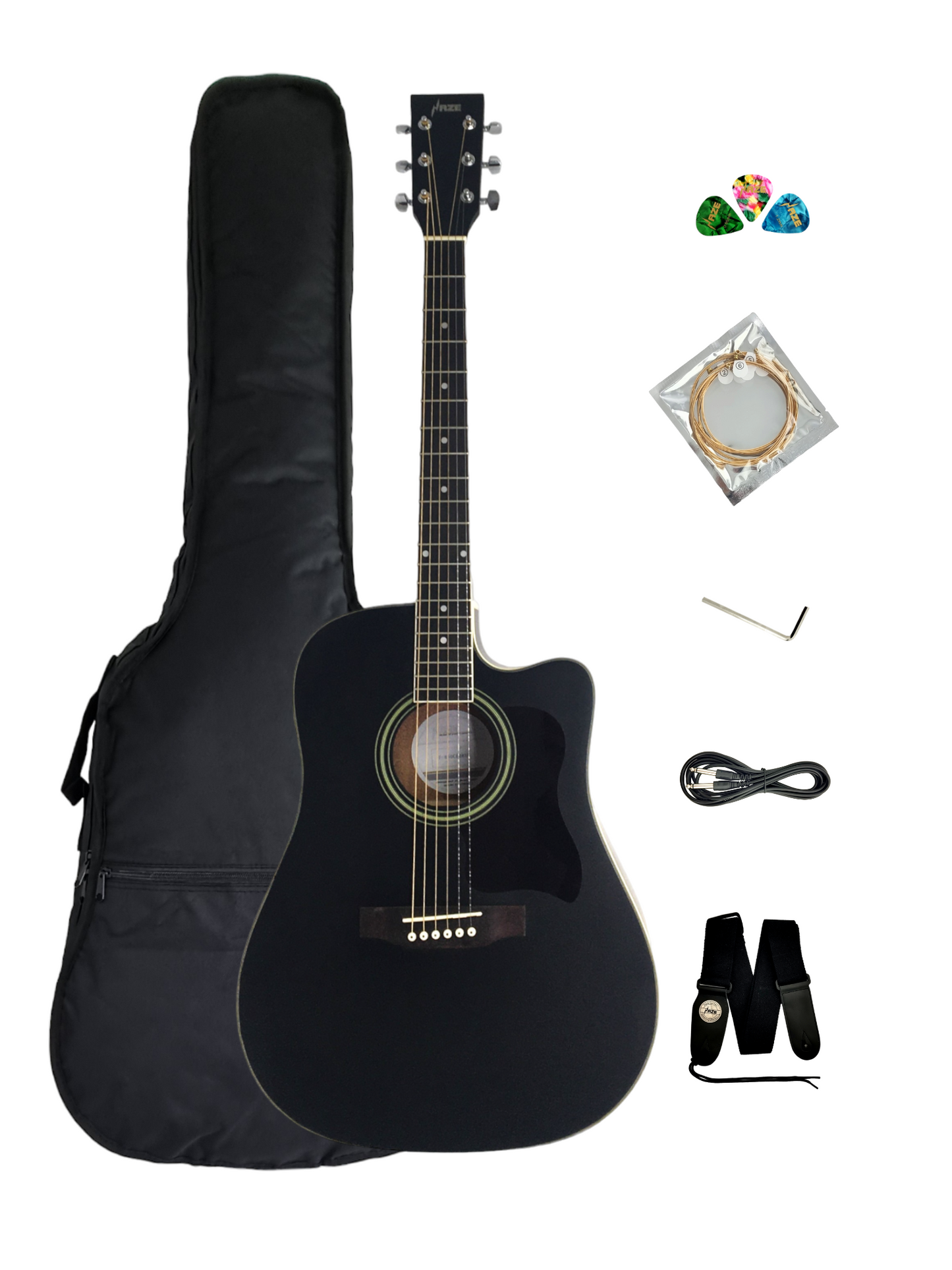 Haze F650CEQMBK Spruce Top Built-In Pickup/Tuner Dreadnought Acoustic Guitar - Black with Accessories and 10W Amp. (Optional)