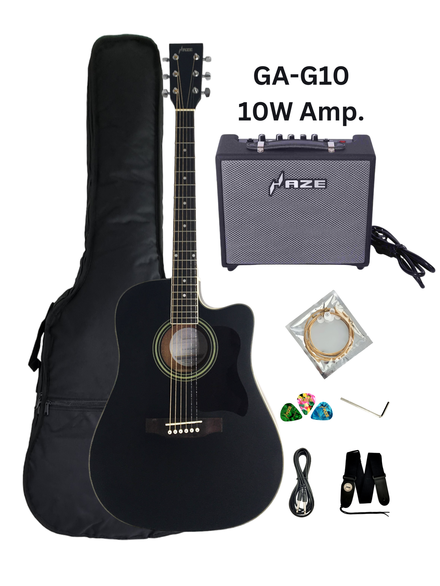 Haze F650CEQMBK Spruce Top Built-In Pickup/Tuner Dreadnought Acoustic Guitar - Black with Accessories and 10W Amp. (Optional)