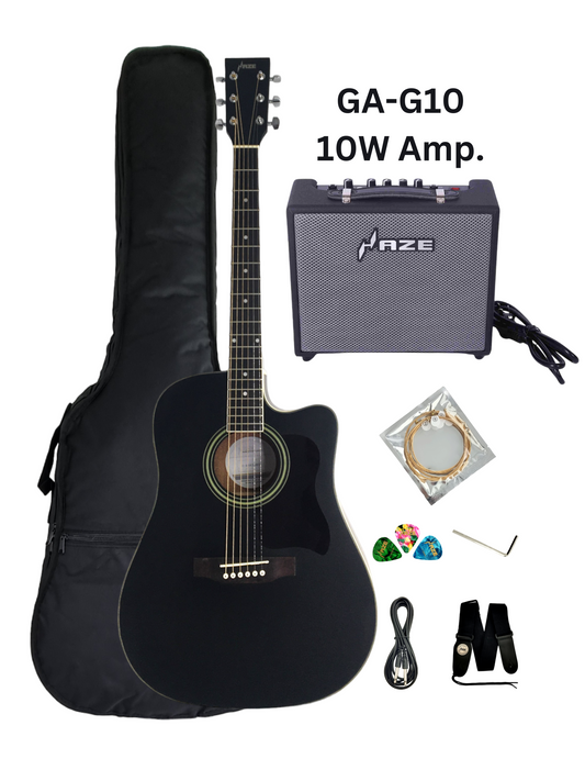 Haze F650CEQMBK Spruce Top Built-In Pickup/Tuner Dreadnought Acoustic Guitar - Black with Accessories and 10W Amp. (Optional)