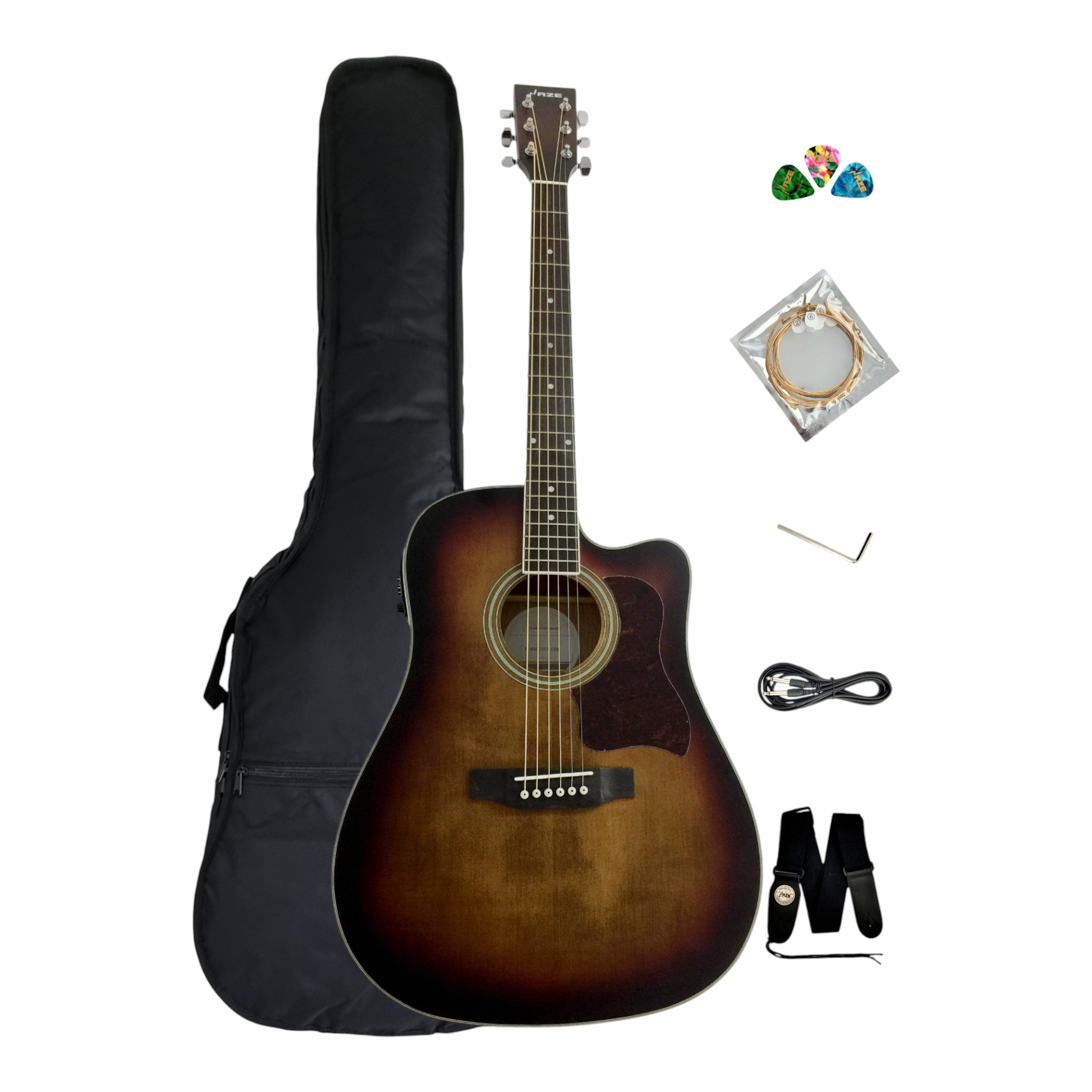 Haze F650DVSCEQ Mahogany Top Built-In Pickup/Tuner Cutaway Acoustic Guitar - Tobaccoburst with Accessories and 10W Amp. (Optional)
