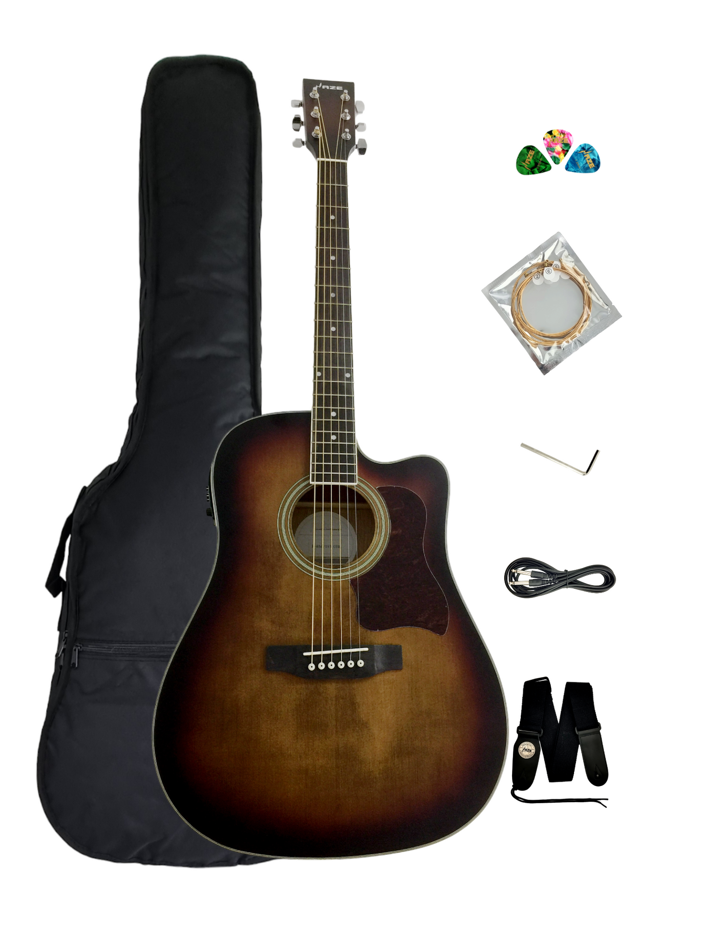 Haze F650DVSCEQ Mahogany Top Built-In Pickup/Tuner Cutaway Acoustic Guitar - Tobaccoburst with Accessories and 10W Amp. (Optional)