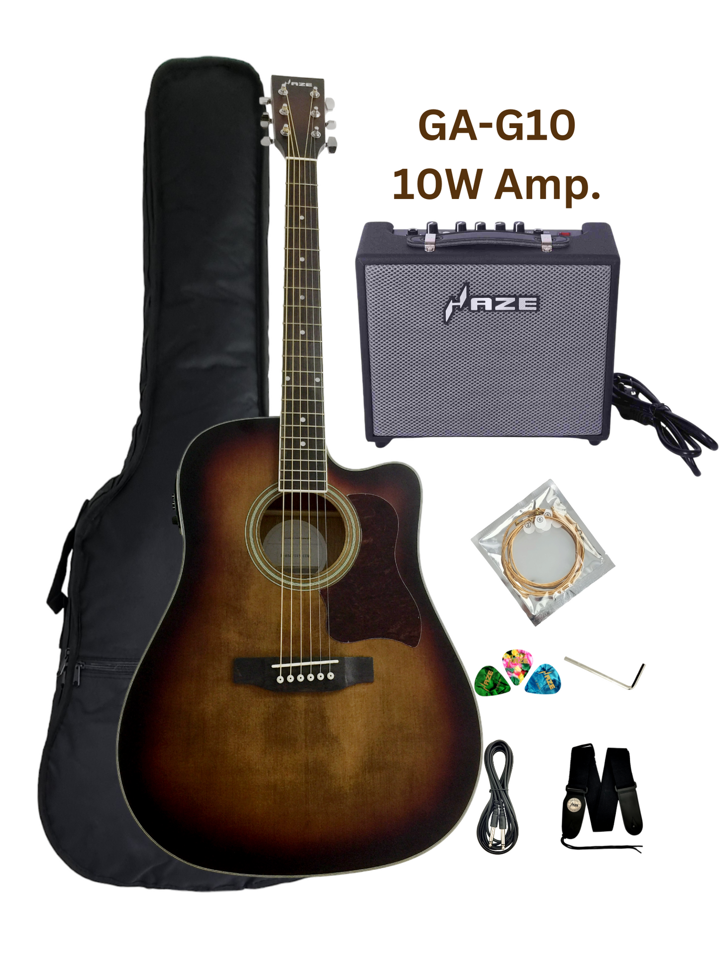 Haze F650DVSCEQ Mahogany Top Built-In Pickup/Tuner Cutaway Acoustic Guitar - Tobaccoburst with Accessories and 10W Amp. (Optional)