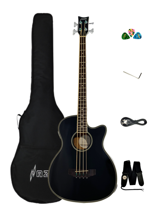 Haze FB711BCEQBK44 4-String Electric-Acoustic Bass Guitar, Black + Free Gig Bag