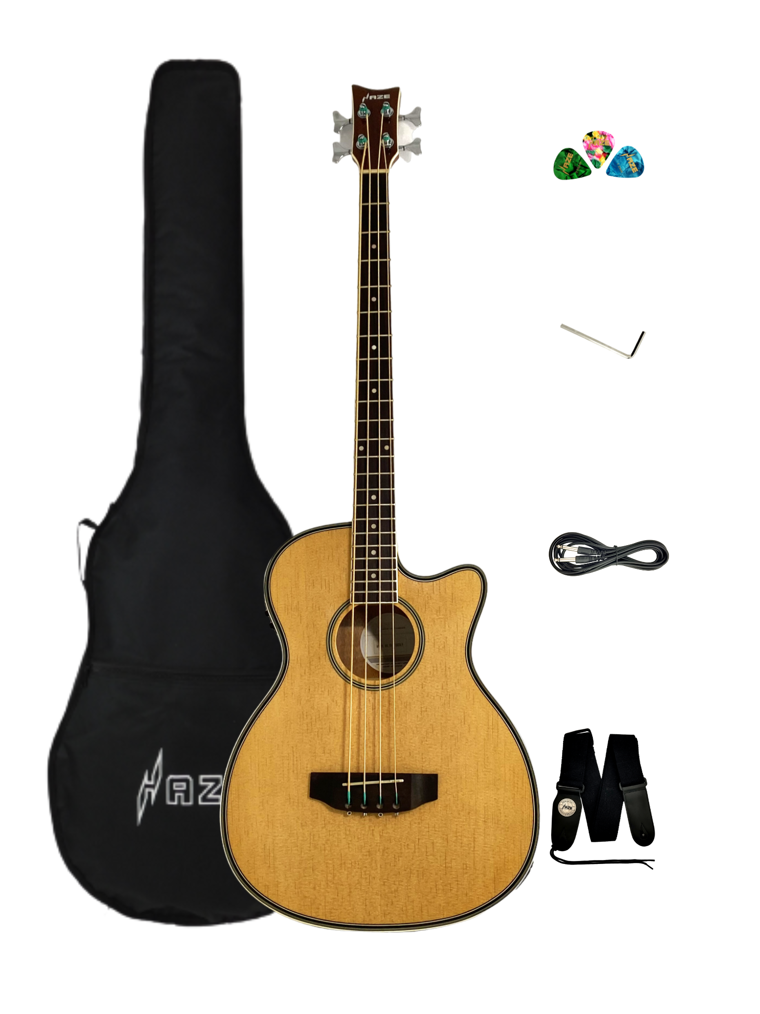 Haze FB711BCEQN34 3/4 4-String Electric-Acoustic Bass Guitar Natural + Free Gig Bag