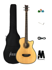 Haze FB711BCEQN44 4-String Electric-Acoustic Bass Guitar, Natural + Free Gig Bag, picks and strap