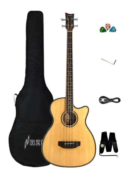 Haze FB711BCEQN44 4-String Electric-Acoustic Bass Guitar, Natural + Free Gig Bag, picks