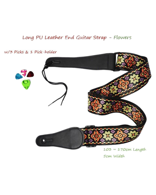 Long PU Leather End Guitar Strap,Length Adjustable 103~170cm. "Flowers", GSFLOWR