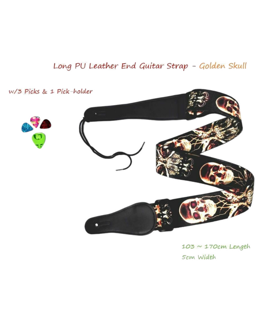 Long PU Leather End Guitar Strap, Length Adjustable 103~170cm, "Golden Skull", GSGOLD